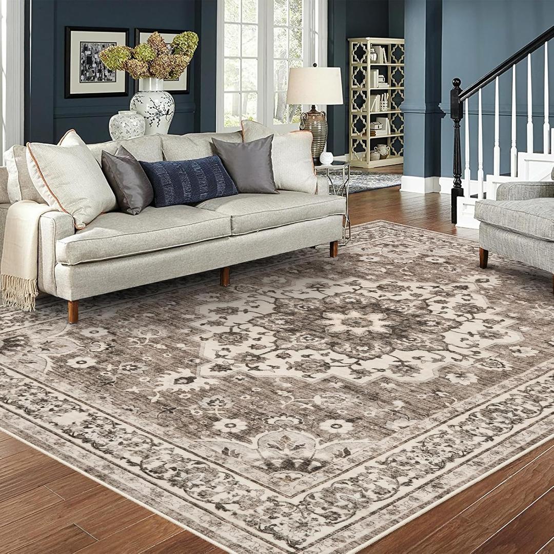 Washable Oriental Area Rug - 8x10 Rugs for Living Room Soft Carpet for Bedroom Waterproof Floral Distressed Indoor Stain Resistant Non-Shedding Floor Carpets (Beige, 8x10)