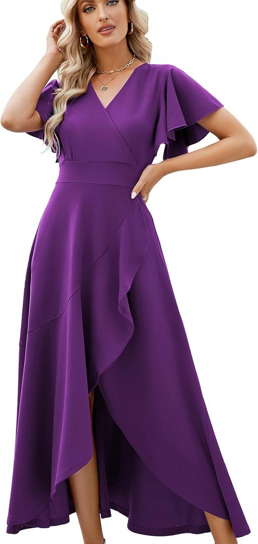 Long Black Formal Dresses for Women Gowns Evening Party Cocktail Dress,Split Elegant V Neck Wrap Ruffle Wedding Guest Dresses (XX-Large, Merlot Purple)