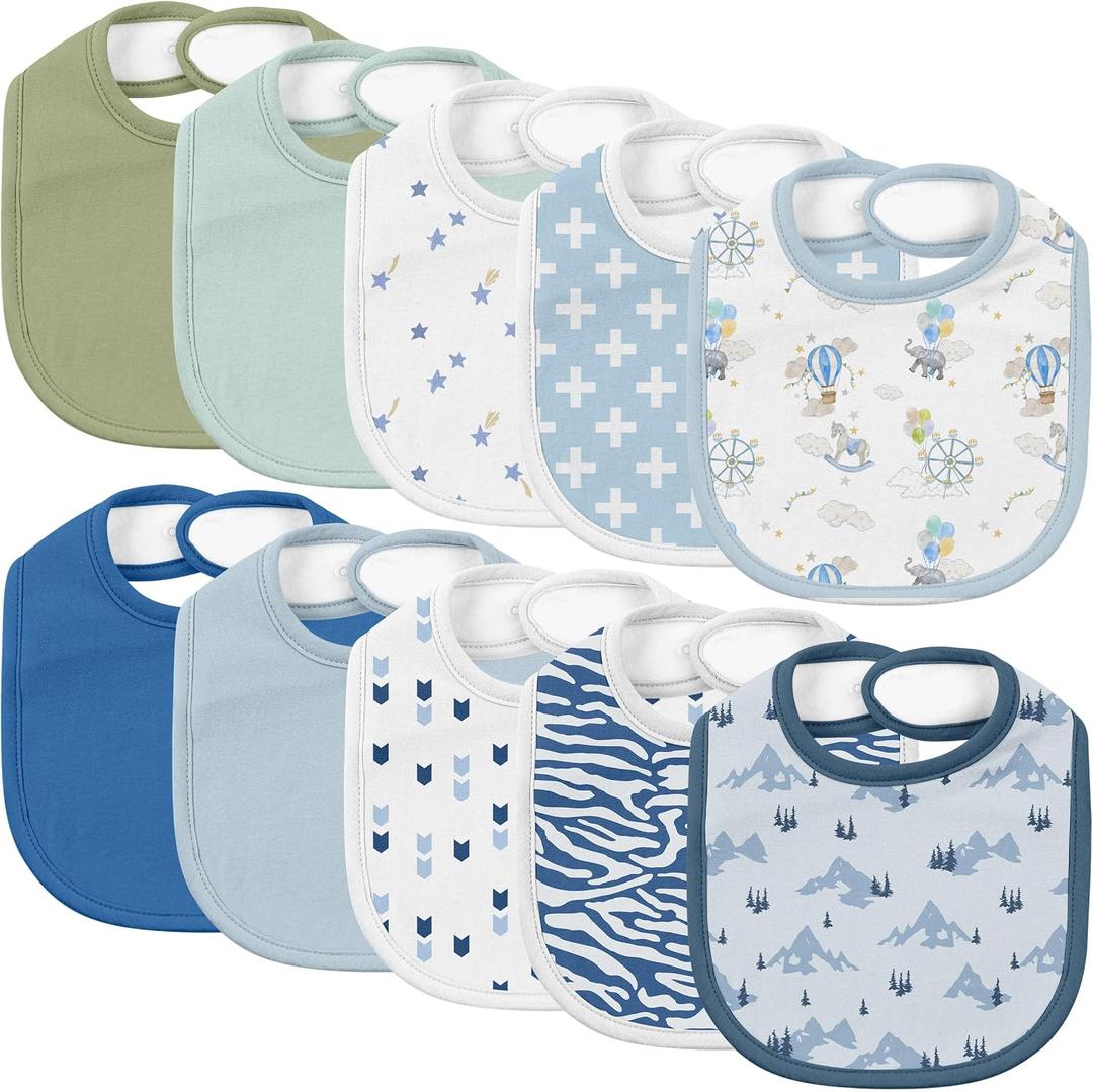 10 Pack Cotton Snap Bibs for Baby Boy Girl, Super Soft Drool Bibs for Teething and Feeding