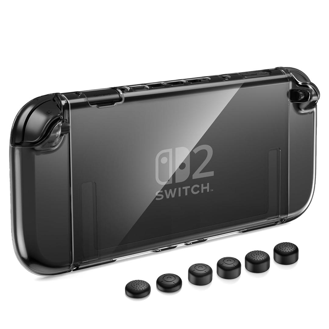 HEYSTOP Switch 2 Clear Case Compatible with Nintendo Switch 2, Switch 2 Case with 4K HD Screen Protector, PC Protective Cover with Joy-Con Grips and 6 Thumb Grips