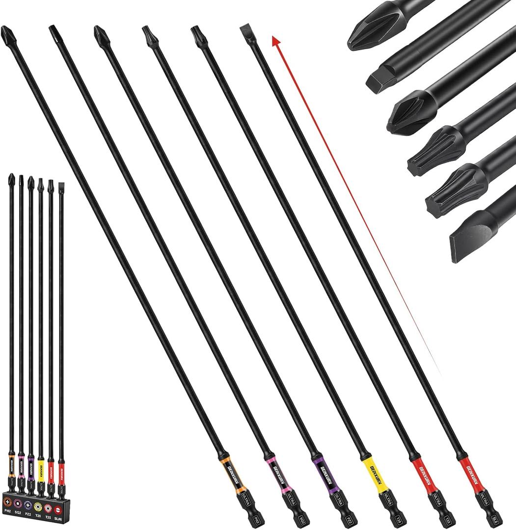 Geinxurn Impact Extra Long Screwdriver Bits Set, 6Pcs 300mm (12") Phillips/Torx/Square/Slotted/Pozi Magnetic S2 Steel Power Driver Bits Set Stored in Color Coded Base