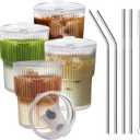 13 OZ Glass Cups with Lids and Straws, Iced Coffee Cups with Lids, Clear Ribbed Glassware for Coffee Smoothie Cocktail Ice Tea, Glass Tumbler with Straw and Lid, Set of 4