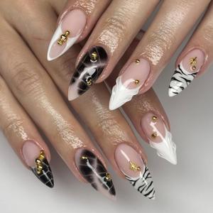 Press on Almond Nails Medium Length Glossy Full Cover Acrylic Almond Shaped False Nails with Designs Artificial Fake Nail with Charms Glue Stick ons Fingernails for Women Girls(K1011)