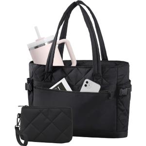 Puffer Tote Bag for Women, Work Bag with Cup Holder, Teacher Bag with Compartments, Quilted Tote Bag with Zipper for Travel (Small, Black)