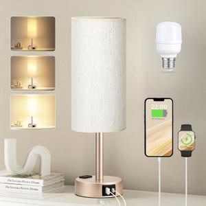Fenmzee Bedside Table Lamp for Bedroom - 3 Way Dimmable Touch Lamp USB C Charging Ports and AC Outlet, Small Lamp Gold Base Round Flaxen Fabric Shade for Living Room, Desk, LED Bulb Included (Cream - Antique White)