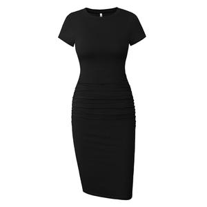 Women's Ruched Casual Sundress Knee Length Slim Fit Bodycon Dress (Black, Medium)