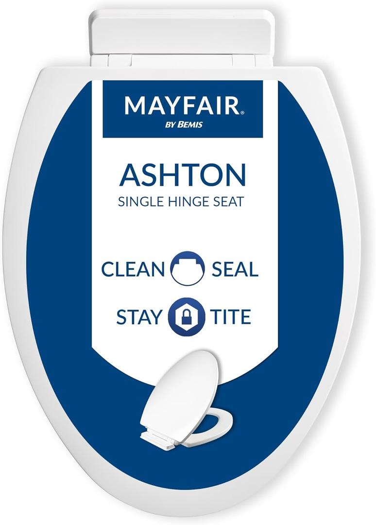 Mayfair Ashton Easy to Clean Single Hinge Toilet Seat, Modern Slow Close Wood Toilet Seat, Made in USA, Elongated, White