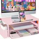 AUPSEN Pink Desk Organizers and Accessories, 2-Tier Wood Computer Monitor Stand with Drawer, Pen Storage & Phone Holder, Office Desk Accessories, Workspace Desktop Organization for Office Supplies