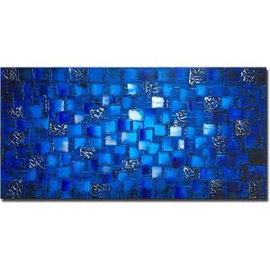 MyArton Thick Textured Abstract Squares Canvas Wall Art Hand Painted Artwork Modern Dark Blue add Silver Oil Painting for Home Decor Framed Ready to Hang 40x20inch