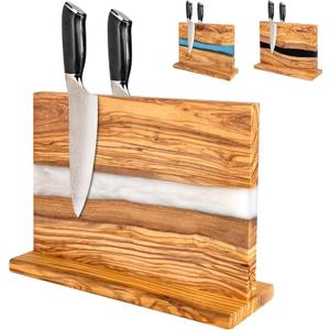 Magnetic Knife Block Stand - Italian Olive Wood Kitchen Knife Holder Rack with Resin Flow Design - Double Sided Strong Magnet Knife Block - Universal Knife Organizer Holds 18 Knives - White Pearl