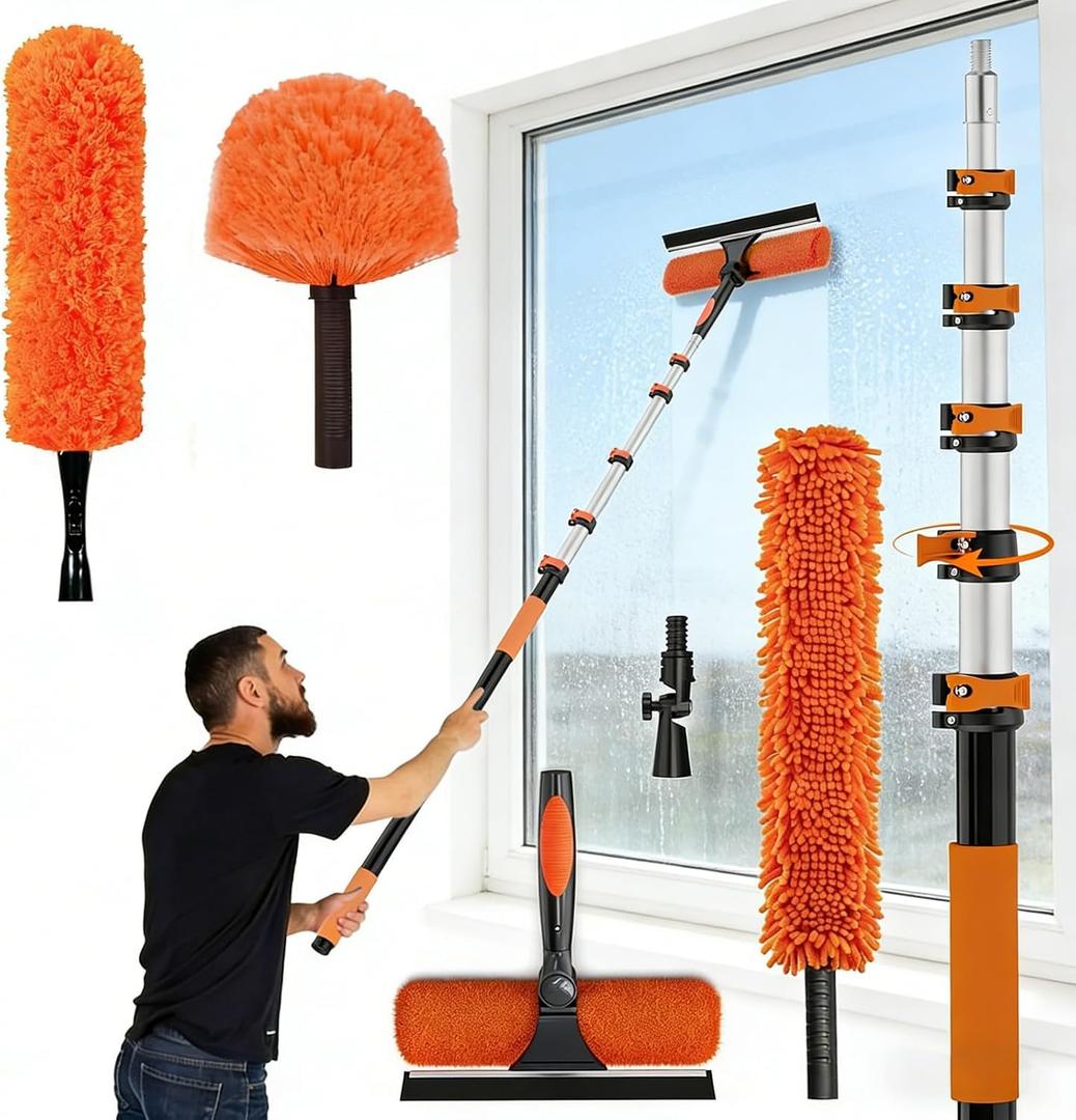 30FT Reach Duster Kit, Window Cleaning with 5-24FT Telescoping Extension Pole, High Ceiling Duster, Microfiber Feather Duster, Cobweb Duster, Window Squeegee, Feather Duster, Extendable Pole Kit