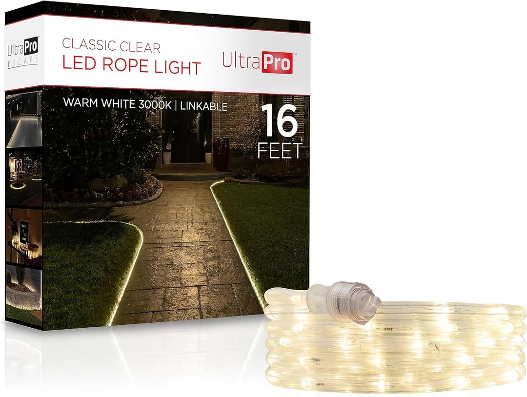 UltraPro LED Rope Lights, 16ft Classic Clear Rope, Warm White Light 3000K, Indoor/Outdoor, Flexible, Linkable, Durable, Rope Lights Outdoor, 54503