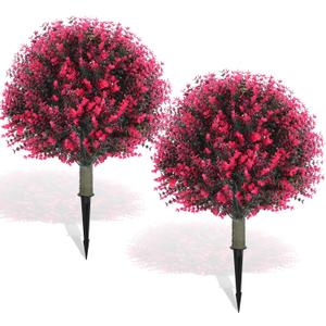 Yunlly 2 Pcs 18 Inch Artificial Boxwood Ball Topiary Tree Fake Outdoor Plants Bush, UV Resistance Faux Shrubs with Spike Realistic Greenery Potted for Indoor Garden Yard Porch Patio Decor (Rose Red)