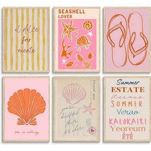 2 x Pink Beach Preppy Canvas Wall art Summer Starfish Shells Postcard Pictures Paintings Pre-College Students Vacation Aesthetics Posters Prints for Girls Apartment Dorm Home Bathroom Decoration Unframed (8x10Poster)
