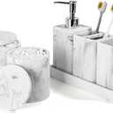 Bathroom Accessories Set, 6 Piece Bathroom Set with Toothbrush Holders, Soap Dispenser, Vanity Tray, Tumbler, Cotton Swab Jars, Bathroom OrganizerBathroom Sink Sets, Artificial Marble White