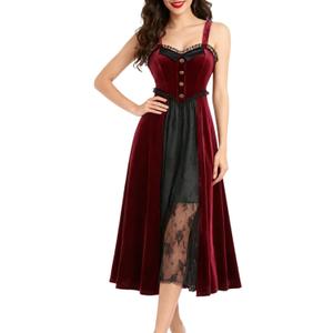 Women Vintage Floral Print Goth Dress Sleeveless Backless Layered Mesh Ruffle Midi Gothic Halloween Dresses (M)
