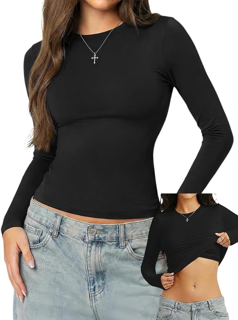 Danysu Double Lined High Round Neck Long Sleeve Tops for Women with Built in Bra Nylon Basic Crop Fall Tee Shirts (Medium, Black)
