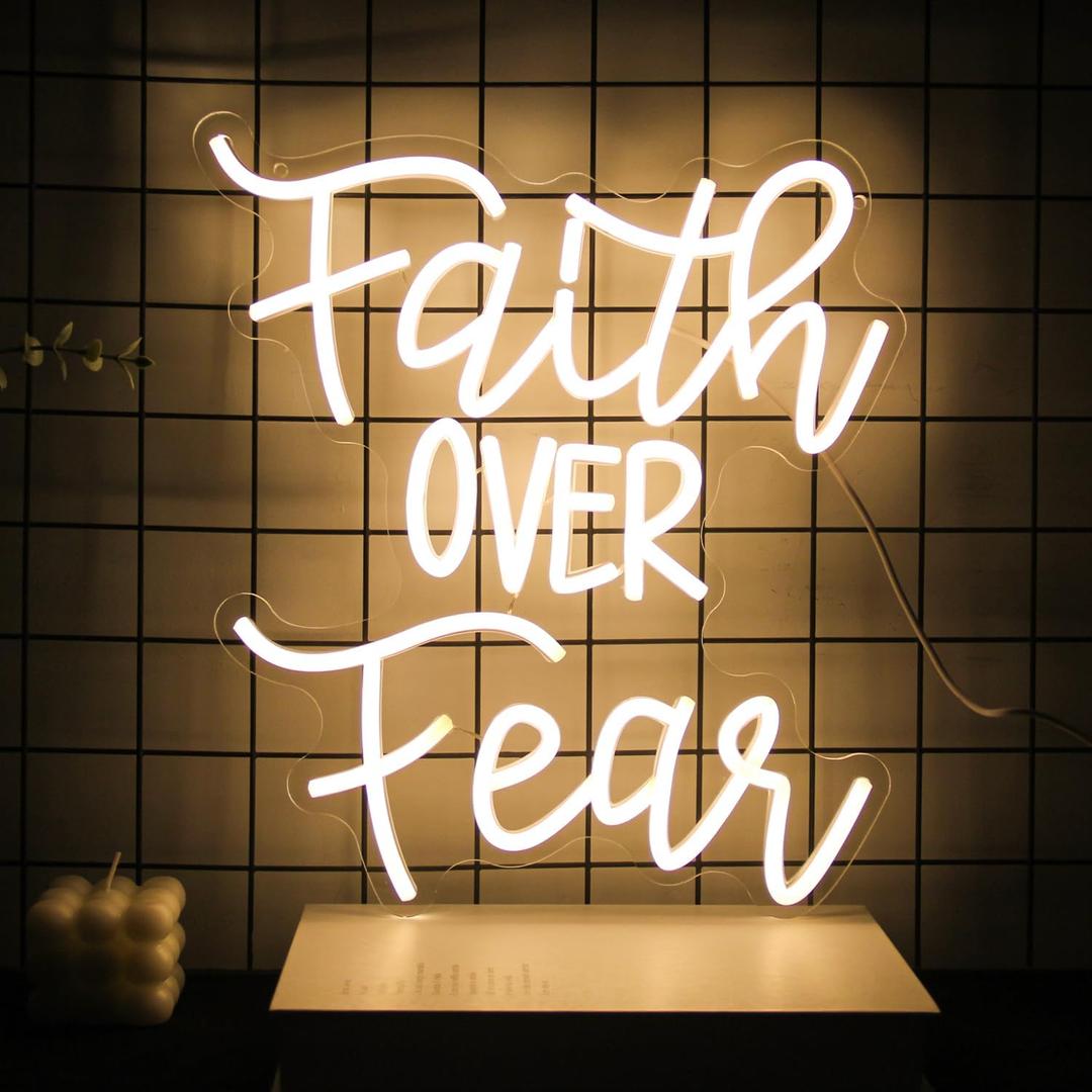 Faith Over Fear Neon Sign Jesus Neon Light Christian LED Signs for Wall Dimmable Warm White Letters Neon Lights Signs for Bedroom Man Cave Classroom Church Decor Christian Religious Sayings