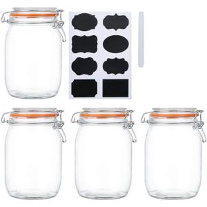 Encheng 32 oz Wide Mouth Mason Jars With Airtight Hinged Lids, Leak Proof Rubber Gasket - 1000ml Glass Storage Containers, Set of 4