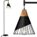 67" Industrial Floor Lamp with Wood & Black Metal Shade, Modern Standing Lamp, Rustic Farmhouse Tall Lamp for Living Room Bedroom Office, 2700K Bulb & Foot Switch Included (Black)