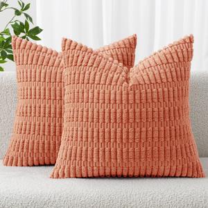 MIULEE Pack of 2 Corduroy Decorative Throw Pillow Covers 18x18 Inch Soft Boho Striped Pillow Covers Modern Farmhouse Home Decor for Summer Sofa Living Room Couch Bed Coral