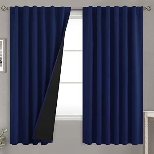 BGment Navy Blue 100% Blackout Curtains 63 Inches Long with Reducing Noise Liner, Rod Pocket and Back Tab Double Layer Full Room Darkening Window Curtain for Bedroom, 2 Panels, Each 52 x 63 Inch