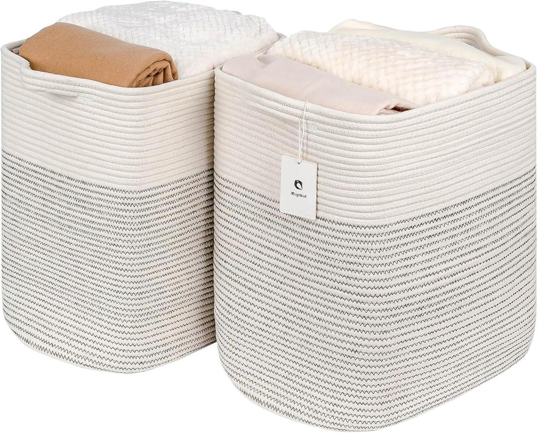 Storage Baskets for Clothes Fabric Cotton Rope Storage Basket bins with Handles, Decorative Woven Basket for Living Room,Closet Organizer Blankets Tall 2 bags White/Black Line, L14W11H14
