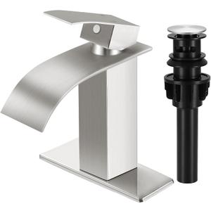 Brushed Nickel Bathroom Faucets, Waterfall Bathroom Sink Faucet Modern Single Handle Bathroom Faucte 1 or 3 Hole, RV Mixer Tap Vanity Faucet - Includes Pop-up Drain Supply Hoses Deck Plate