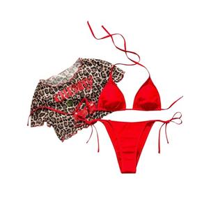 Verdusa Women's 3 Piece Bikini Set Halter Triangle Cheeky String Swimsuit with Leopard Mesh Crop Top Red Medium L