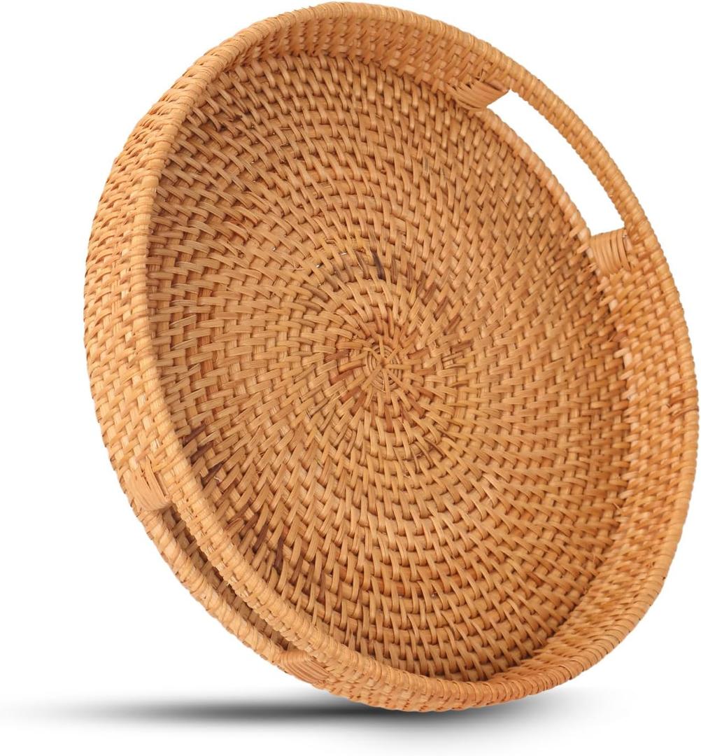 Round Rattan Serving Tray with Handles, Natural Wicker Decorative Tray for Serving, Fruit/Bread Serving Basket, Round Woven Tray14 inch, Gift Idea Choice (14") (13.9")