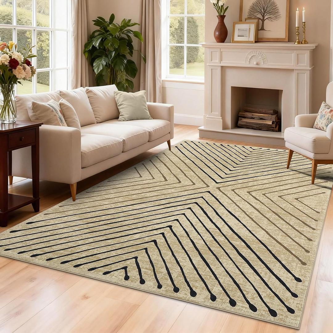 ROYHOME 8x10 Large Area Rug for Living Room Washable Non Slip Bedroom Rugs | Modern Stain Resistant Soft Dining Room Throw Carpet Geometric Striped Low Pile Rugs for Classroom Dorm Home Office, Tan