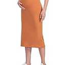 POSHDIVAH Women's Maternity Skirt Over The Belly Midi High Waisted Solid Stretchy Pregnancy Pencil Skirt (Medium, Camel)