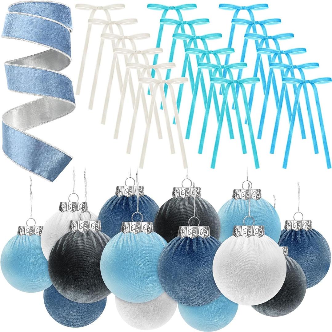 Syhood 38 Pcs Christmas Velvet Ornaments Decor Kit 2.36'' 18 Pcs Christmas Tree Ornaments Balls 18 Vintage Velvet Bows 5.5 Yard Ribbon for Xmas Tree Hanging Decorations, Blue