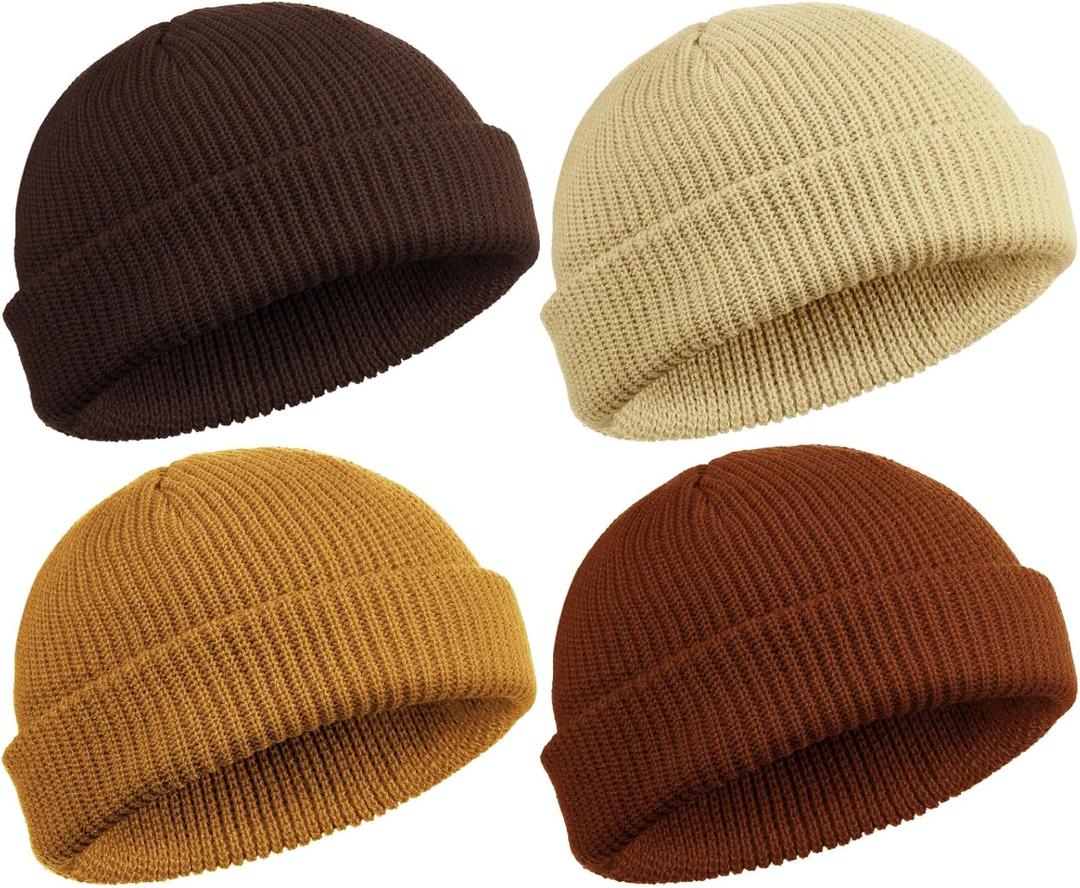 SATINIOR 4 Pieces Trawler Beanie Watch Hat Roll up Edge Skullcap Fisherman Beanie Unisex (One Size, Caramel, Khaki, Dark Caramel, Coffee)