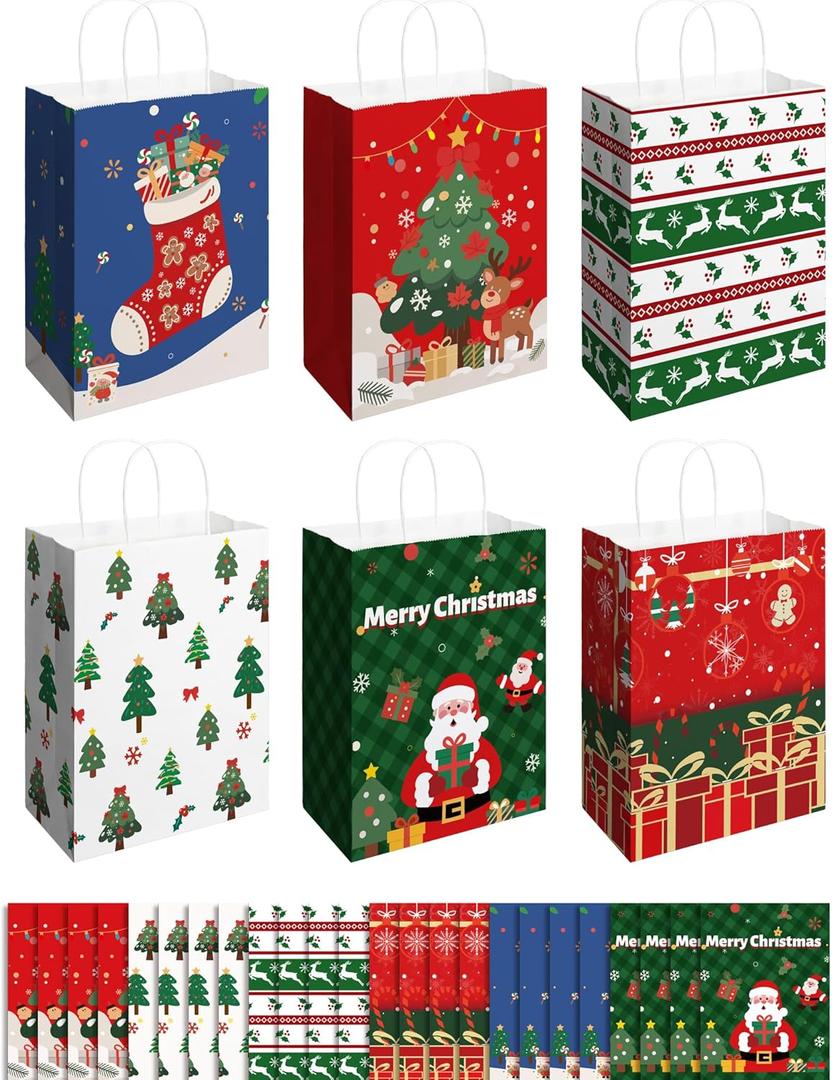 SUNEE Christmas Gift Bags, 24 Pack Christmas Bags for Gifts with Handles, 6 Assorted White Paper Gift Bags Bulk with Xmas Tree, Santa Claus, Snowflake Designs,7.28 * 3.15 * 8.7 Inches