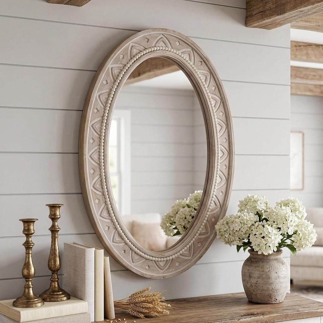 Wood Oval Mirror,20x30"Farmhouse Rustic Decor Bathroom Vanity Wall Mirrors