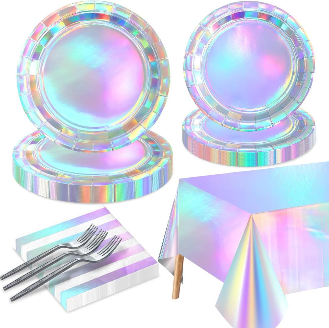 Iridescent Party Supplies for 20 Guests, Disposable Iridescent Tableware Set Includes Holographic Paper Plates, Napkins, Forks, Tablecloth for Birthday Mermaid Themed Party Decorations Wedding