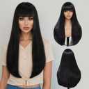Alimiriam Long Black Wig with Bangs - Long Straight Black Wigs with Bangs for Women, Heat Resistant, Natural Looking Synthetic Wig for Halloween Daily Cosplay Party Use 22 Inch
