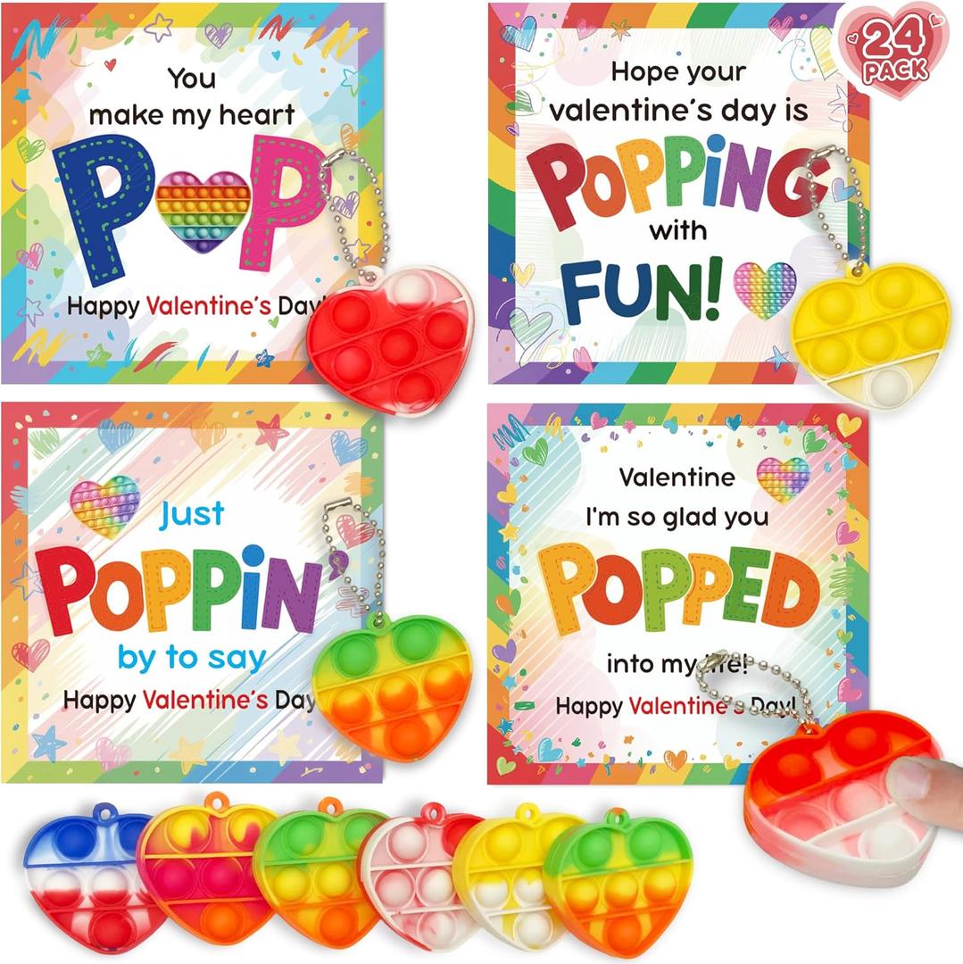 24 Packs Valentines Day Cards for Kids School with Pop Bubble Fidget Keychain, Boys Girls Classroom Exchange