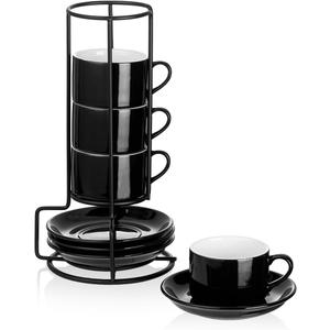 2.5oz Espresso Cups Set of 4, Porcelain Stackable Espresso Cups with Saucers and Metal Stand Set, Black Expresso Shots Cup Set for Cappuccino, Coffee Drinks, Latte, Tea