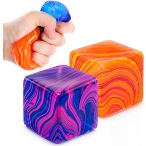 2 Pcs Stress Cube Bulk Swirl Ice Cube Stress Ball for Adults Anxiety Relief Soft Squeeze Sensory Square Ball for ADHD Prizes Goodie Bag Stuffers Party Favors(Purple, Orange)