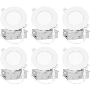 4 inch 6 Pack Recessed Lighting, 5CCT LED Recessed Light with Junction Box, Dimmable Canless Wafer Downlight,2700K-5000K Selectable, 9W, 120V, 750LM, ETL FCC (White)
