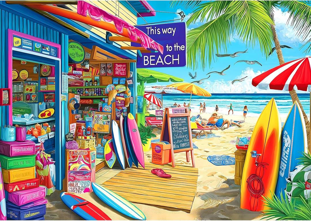 Beach Shop Puzzles for Adults 1000 Pieces Summer Surf Shack Puzzle for Adults Jigsaw Puzzles 1000 Pieces with Letters on Back Hard Impossible Difficult challenging Family Puzzle (27.5"x19.6")