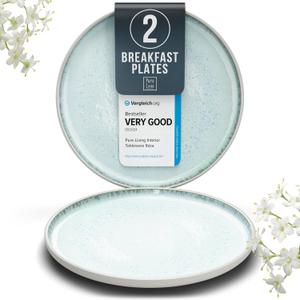 Stoneware breakfast & dessert plates set 2 pcs Light beige & blue stylish cake plates Dishwasher, microwave and scratch resistant Small salad plates Dinner service