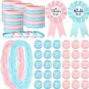 Hungdao 92 Pieces Baby Gender Reveal Party Favors 30 Boy or Girl Button Pins 30 Silicone Gender Reveal Bracelets 30 Pink Blue Bead Necklaces 2 Badge Pin for Baby Shower Party Supplies(Footprint)