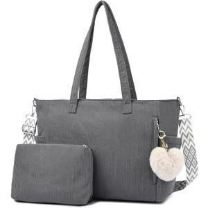 Makukke Corduroy Tote Bag, Large Shoulder Handbag with Pouch, Crossbody Bag for Work Travel Shopping (Gray)