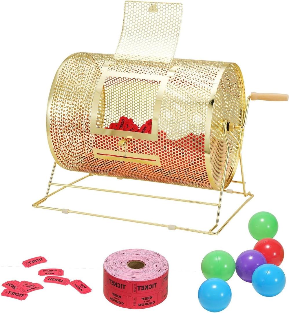 VEVOR Lottery Cage, Capacity for 5000 Tickets or 200 Ping Pong Balls, 16.1 x 12 inch, Durable Metal Construction with Wooden Handle, Brass Finish, for Bingo and Ballot Events
