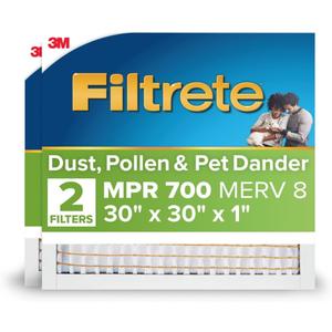 Filtrete 30x30x1 AC Furnace Air Filter, MPR 700, MERV 8, Tough on Pollen, Easy on Airflow, 3-Month Pleated 1-Inch Electrostatic Air Cleaning Filter, 2-Pack (Actual Size 29.81 x 29.81 x 0.65 in)