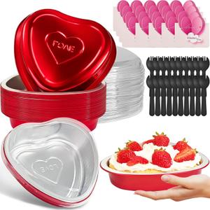 OJYUDD 20 Pack 22oz Heart Shaped Cake Pans with Lids, Disposable Valentine Heart Dessert Baking Pan, Aluminum Foil Containers for Birthday Wedding Parties Cooking(Red)