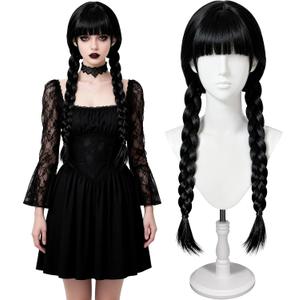 Women's Gothic Black Braided Wig with Bangs - Long Straight Twin Ponytail Synthetic Fiber Wig for Halloween & Party Costumes